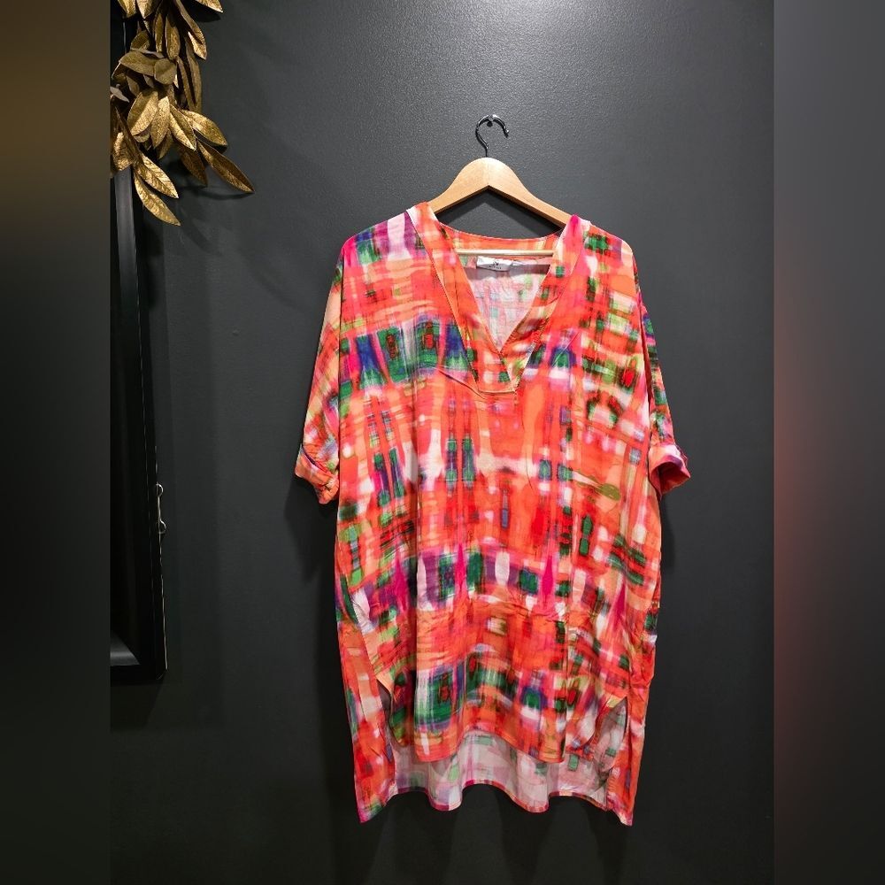Natori Aurora Challis Sleepshirt Oversized Colorful Rayon Sz L V Neck Tunic